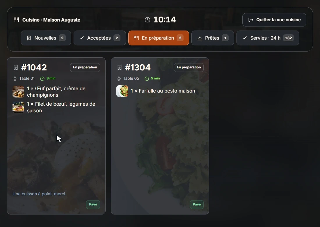 Démonstration du traitement des commandes en cuisine.
