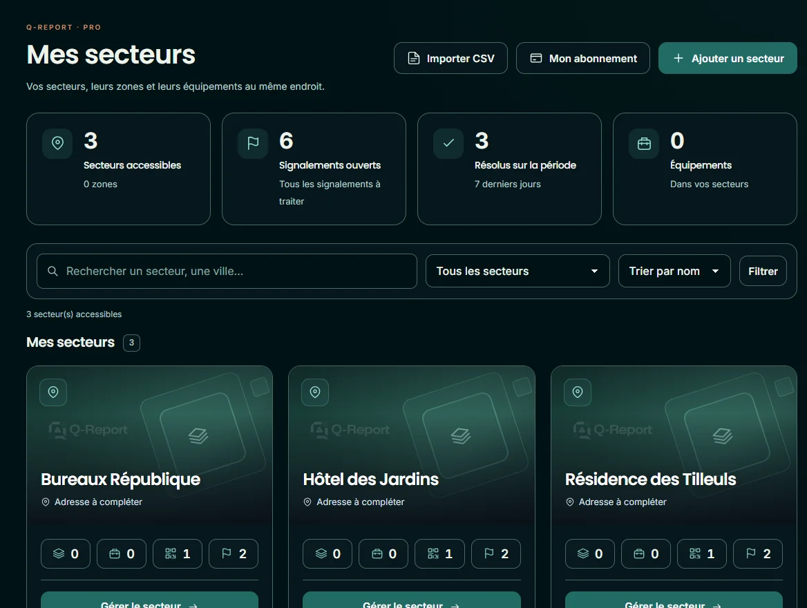 Le vrai espace Q-Report, avec les trois sites du compte fictif Atelier Gestion.