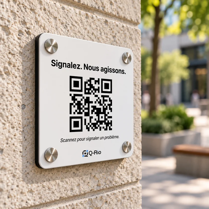 Plaque QR Q-Rio fixée sur un mur en pierre pour signaler un problème.