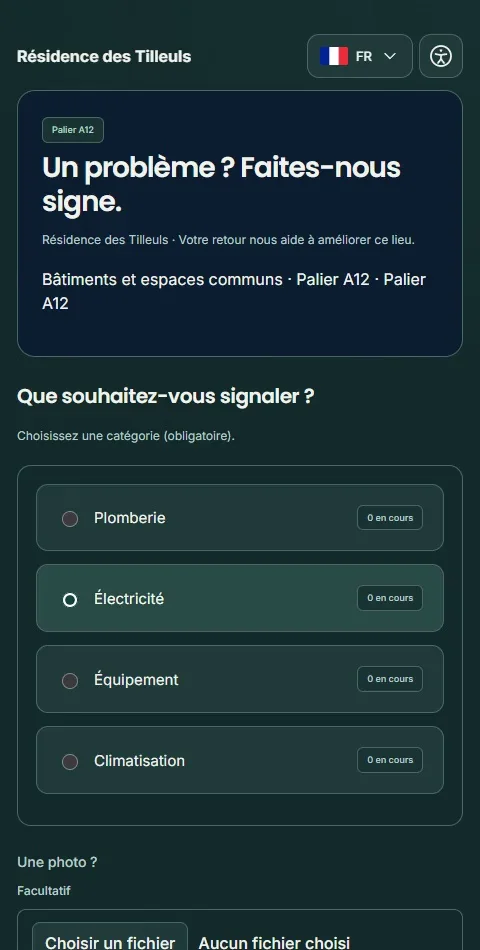 Le formulaire de signalement du palier A12 sur téléphone.